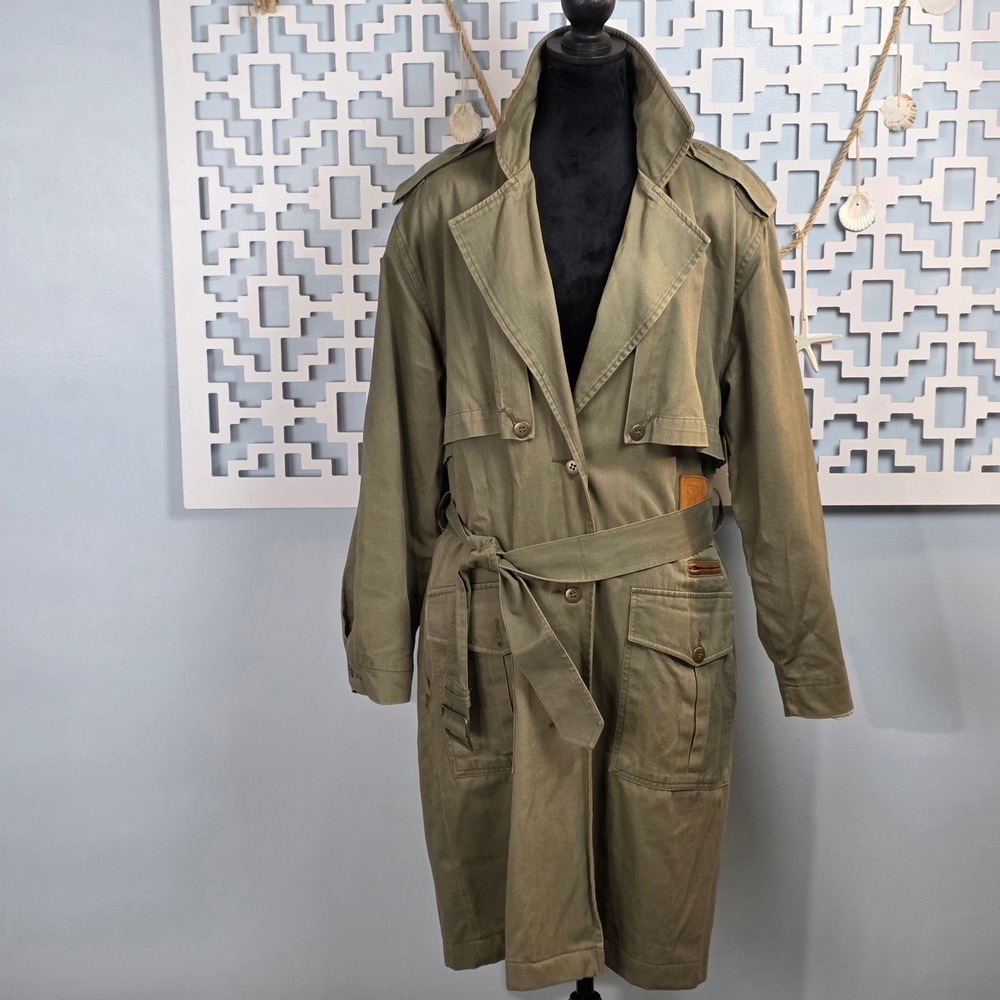 Vintage Co Ltd Olive Green Cotton Safari Trench Coat Leather Trim Size 10 - Picture 1 of 11